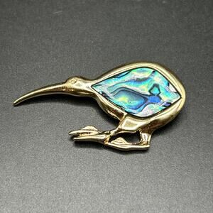 New Zealand Kiwi Brooch Ariki Paua Shell Sea Opal Gold Plated 1 3/4”